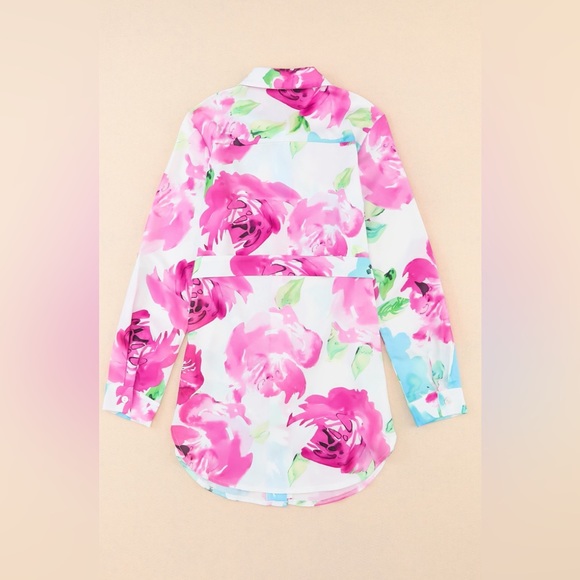 Carnation Pink Printed Button Up Tie Waist Shirt - Picture 4 of 6